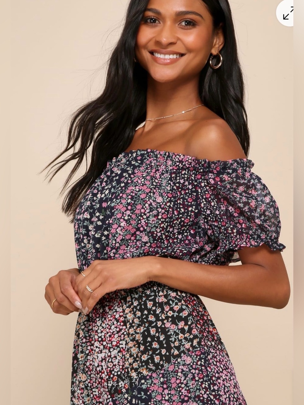 Lulus Neva Navy Ditsy Floral Patchwork Off Shoulder Maxi Dress Size M NEW - Picture 4 of 15